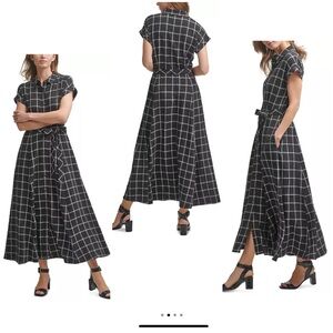 Calvin Klein Gauze Windowpane-Print Shirtdress belted size 6